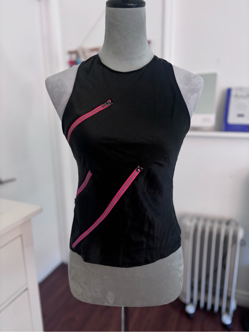 Black Sleeveless Tank Top with Pink Zip Accents